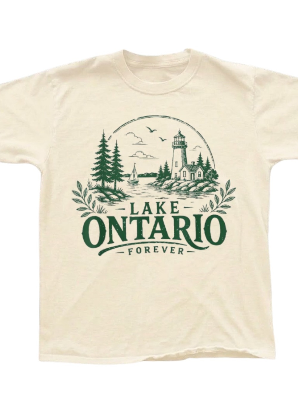 Gildan Cream Tee with Green Lake Ontario Graphic, Gift For Him, For Her